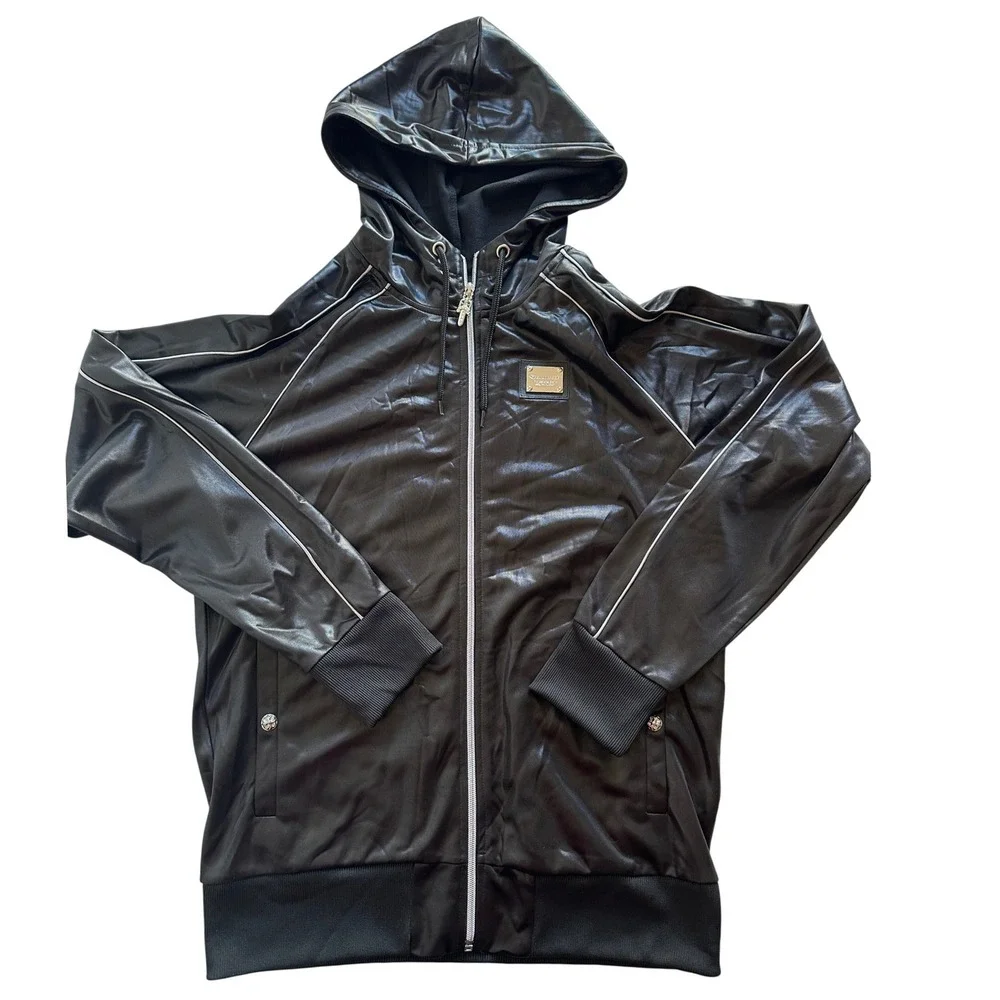 BODYMAKER Men's XL‎ Black Full Zip Hoodie Jacket Shiny Metallic Trim Athletic